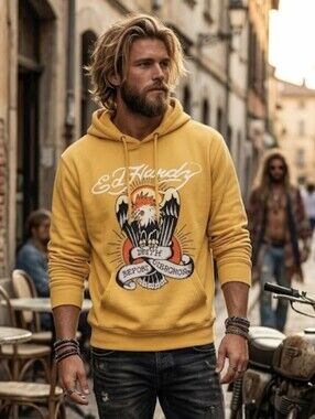 Ed Hardy Yellow Graphic Pullover Hoodie Sz M. Never Used .